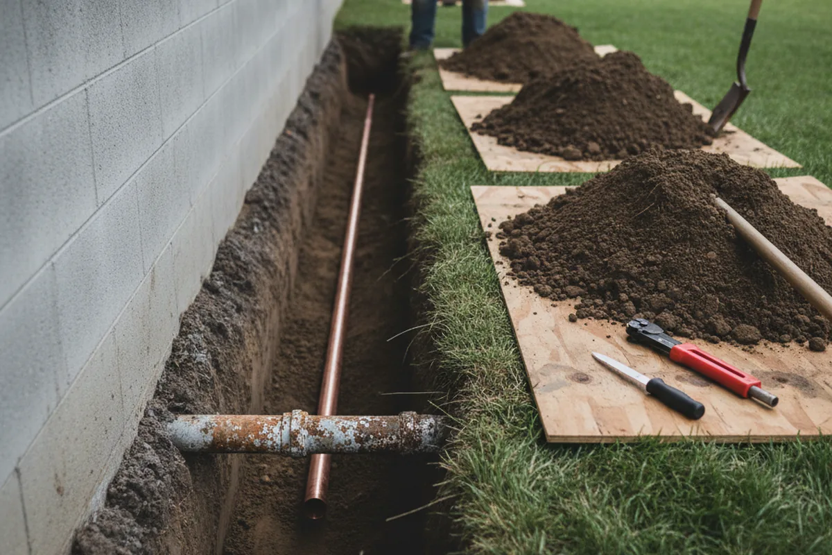 Excavated water line trench during Water Heater Repair in La Jolla